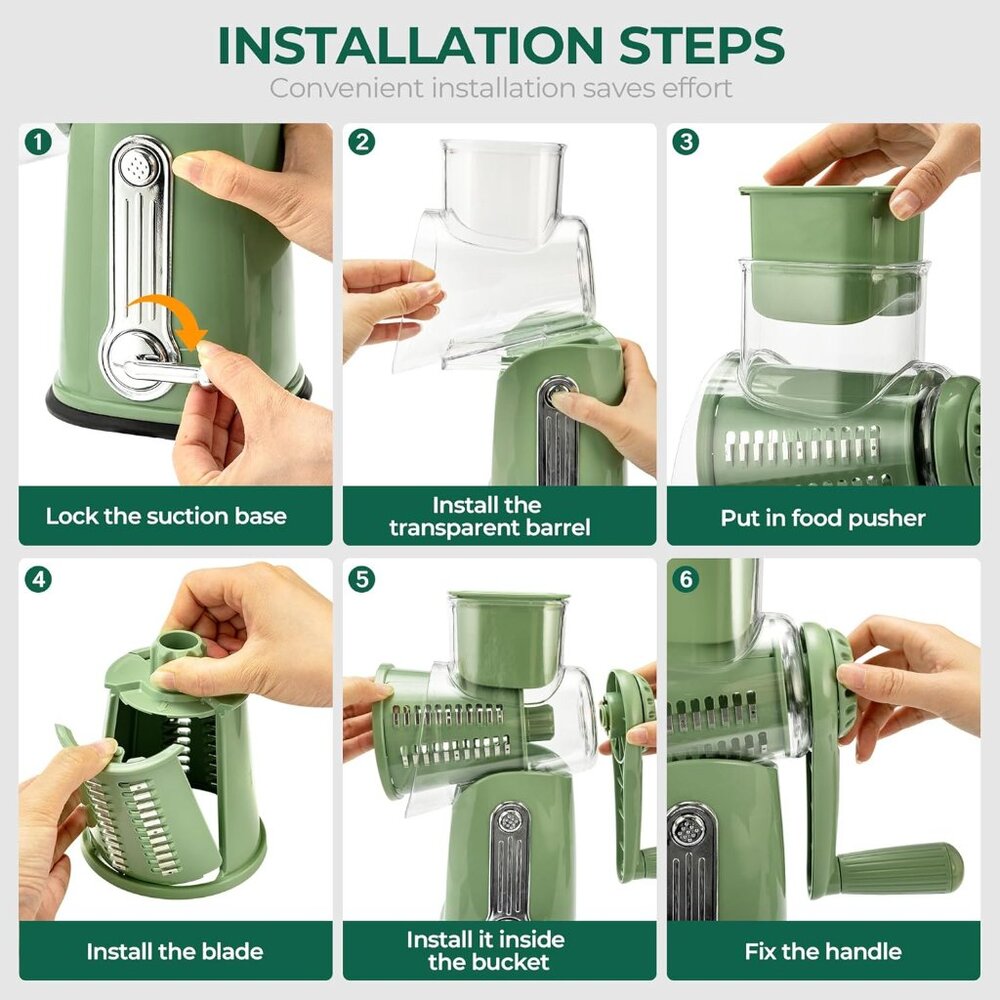 Rotary Cheese Grater w/Handle &5 Blades, Round Slicer & Vegetable Grater Green - Picture 5 of 8